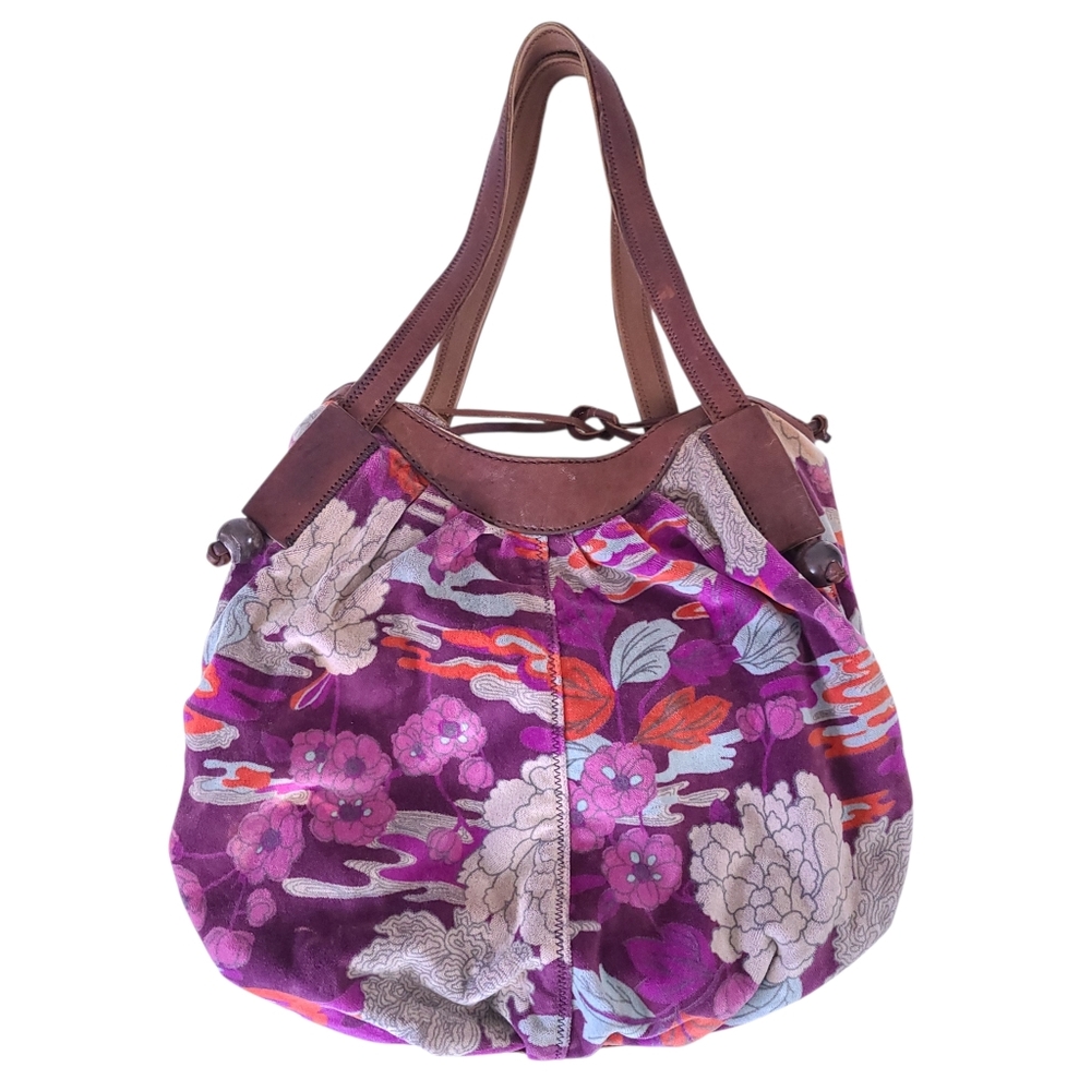 Vintage Lucky Brand Velour Floral Boho Italian Leather Shoulder Bag